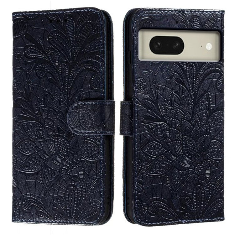 For Google Pixel 8 Case Lace Flowers PU Leather Flip Wallet Phone Cover - Black