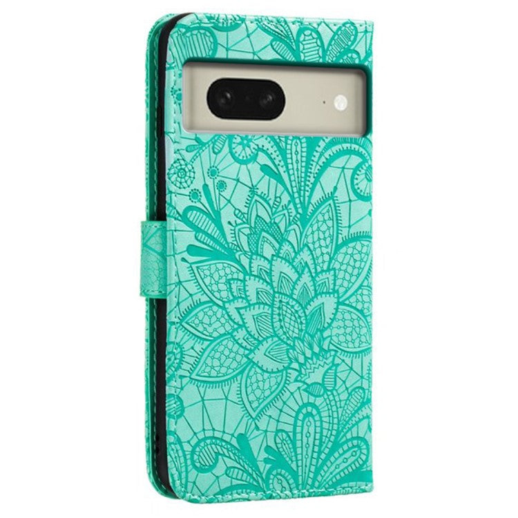 For Google Pixel 8 Case Lace Flowers PU Leather Flip Wallet Phone Cover - Green