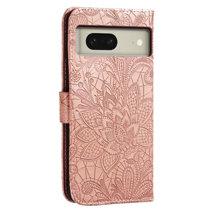 For Google Pixel 8 Case Lace Flowers PU Leather Flip Wallet Phone Cover - Rose Gold