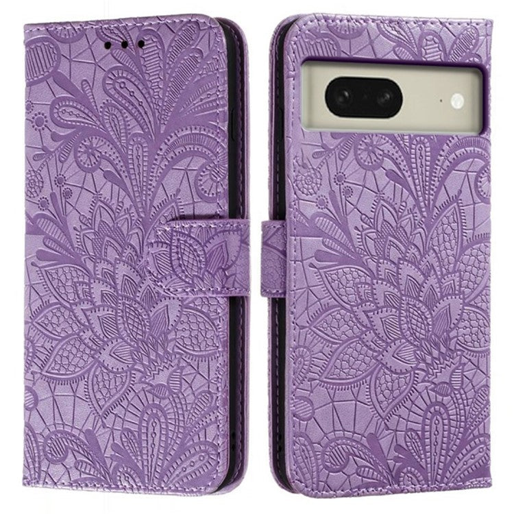 For Google Pixel 8 Case Lace Flowers PU Leather Flip Wallet Phone Cover - Purple