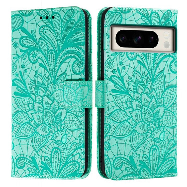 For Google Pixel 8 Pro Case Lace Flowers PU Leather Flip Wallet Phone Cover - Green