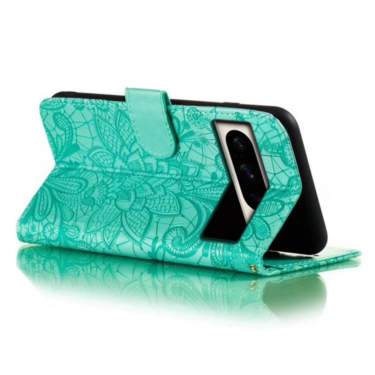 For Google Pixel 8 Pro Case Lace Flowers PU Leather Flip Wallet Phone Cover - Green