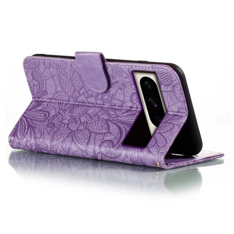 For Google Pixel 8 Pro Case Lace Flowers PU Leather Flip Wallet Phone Cover - Purple
