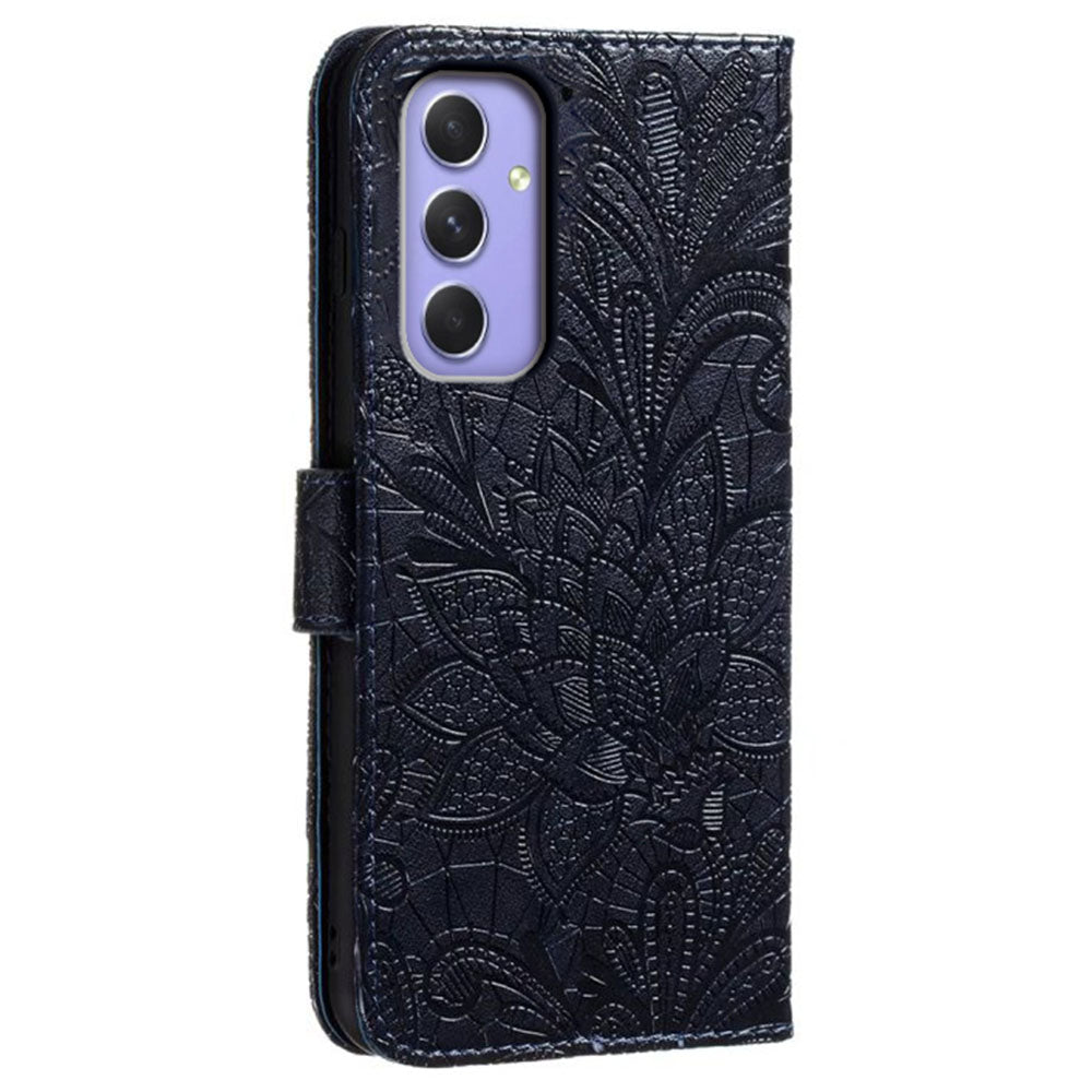 For Samsung Galaxy A16 5G / A16 4G Case Lace Flowers PU Leather Flip Wallet Phone Cover - Black