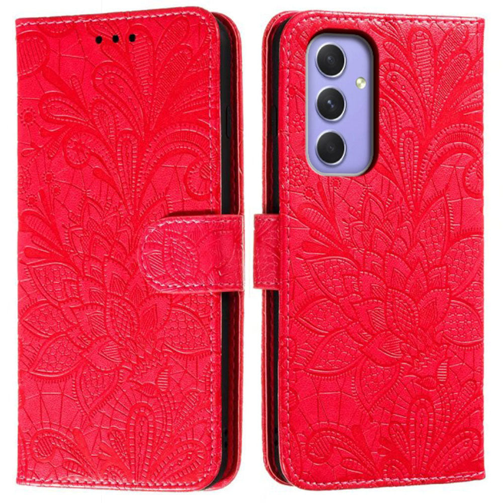 For Samsung Galaxy A16 5G / A16 4G Case Lace Flowers PU Leather Flip Wallet Phone Cover - Red