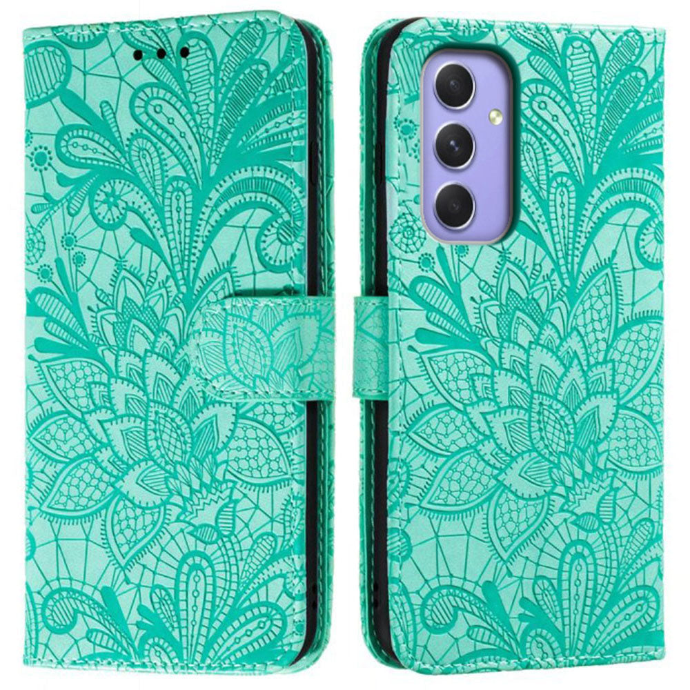 For Samsung Galaxy A16 5G / A16 4G Case Lace Flowers PU Leather Flip Wallet Phone Cover - Green