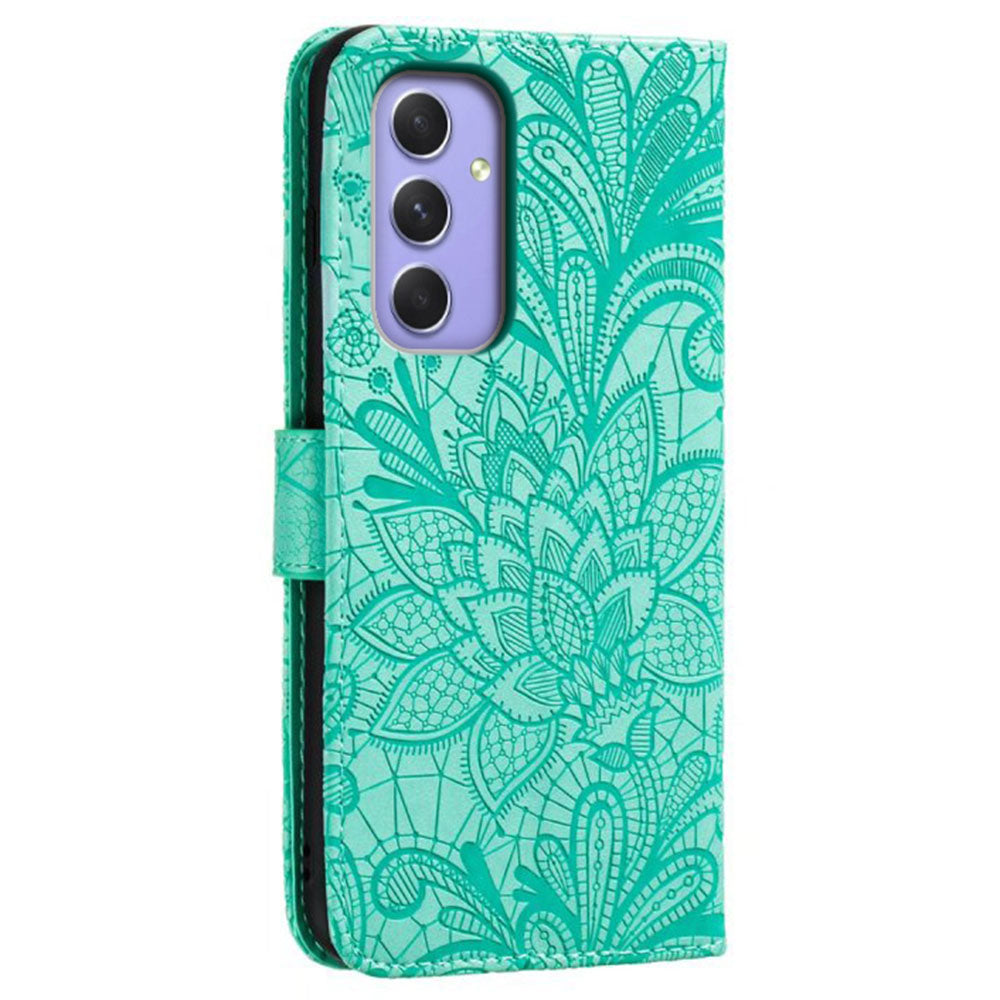 For Samsung Galaxy A16 5G / A16 4G Case Lace Flowers PU Leather Flip Wallet Phone Cover - Green