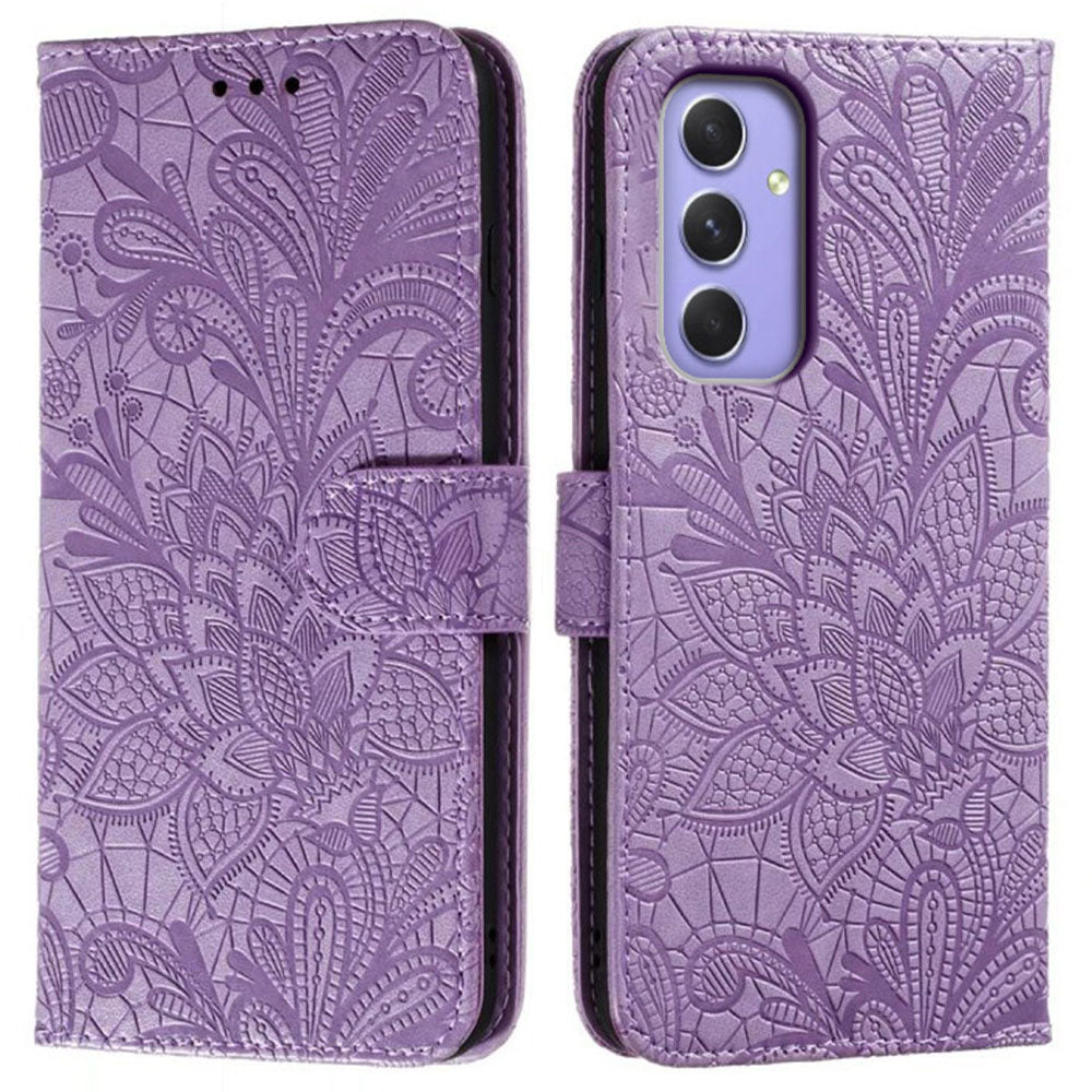 For Samsung Galaxy A16 5G / A16 4G Case Lace Flowers PU Leather Flip Wallet Phone Cover - Purple