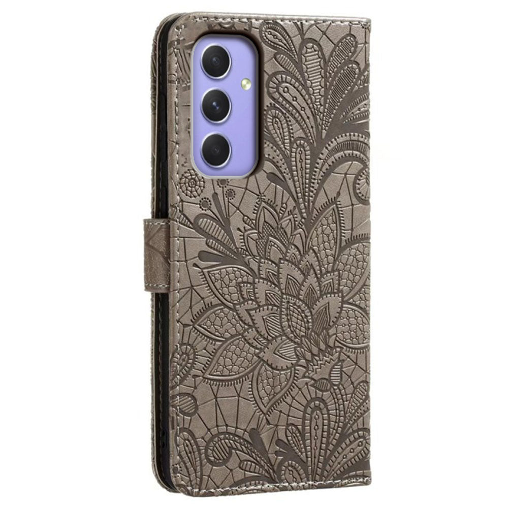 For Samsung Galaxy A16 5G / A16 4G Case Lace Flowers PU Leather Flip Wallet Phone Cover - Grey