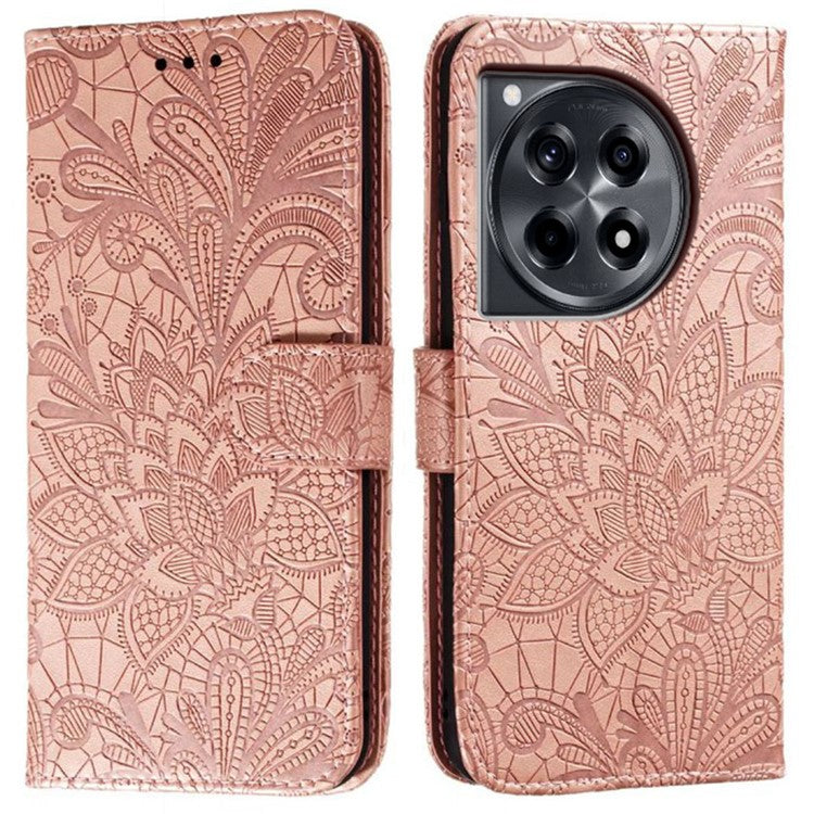 For OnePlus Ace 3 5G Case Lace Flowers PU Leather Flip Wallet Phone Cover - Rose Gold