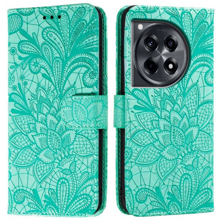 For OnePlus Ace 3 5G Case Lace Flowers PU Leather Flip Wallet Phone Cover - Green
