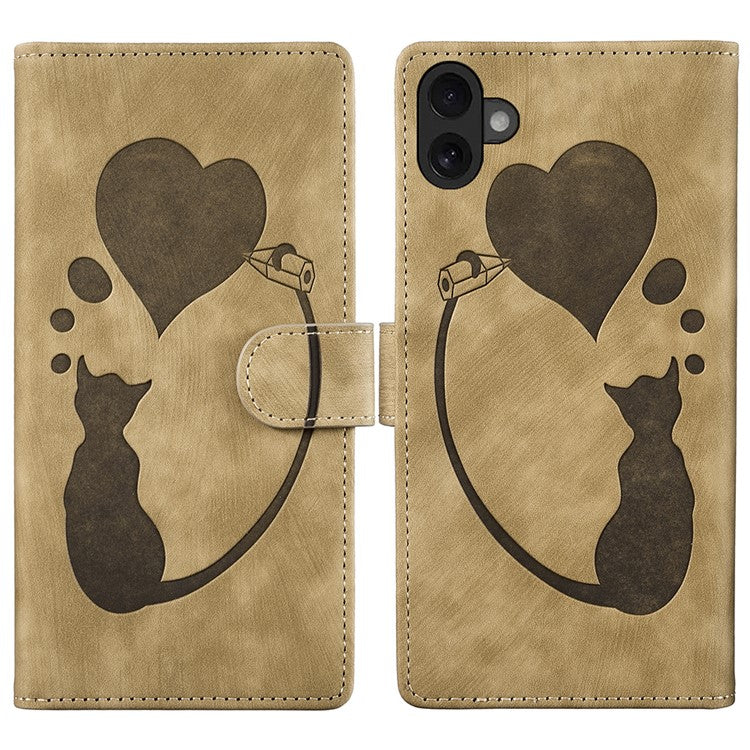 For iPhone 16 Case Heart Cat Folding Stand PU Leather Phone Cover - Light Brown