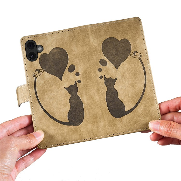 For iPhone 16 Case Heart Cat Folding Stand PU Leather Phone Cover - Light Brown