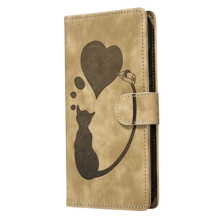 For iPhone 16 Case Heart Cat Folding Stand PU Leather Phone Cover - Light Brown