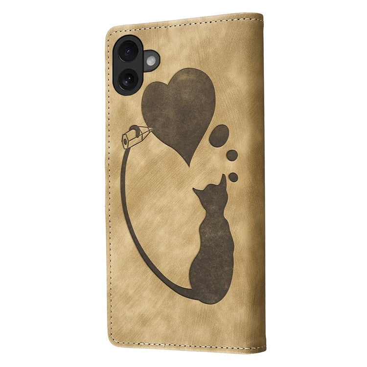For iPhone 16 Case Heart Cat Folding Stand PU Leather Phone Cover - Light Brown