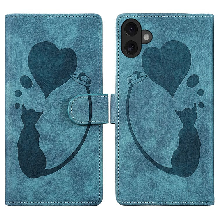 For iPhone 16 Case Heart Cat Folding Stand PU Leather Phone Cover - Blue