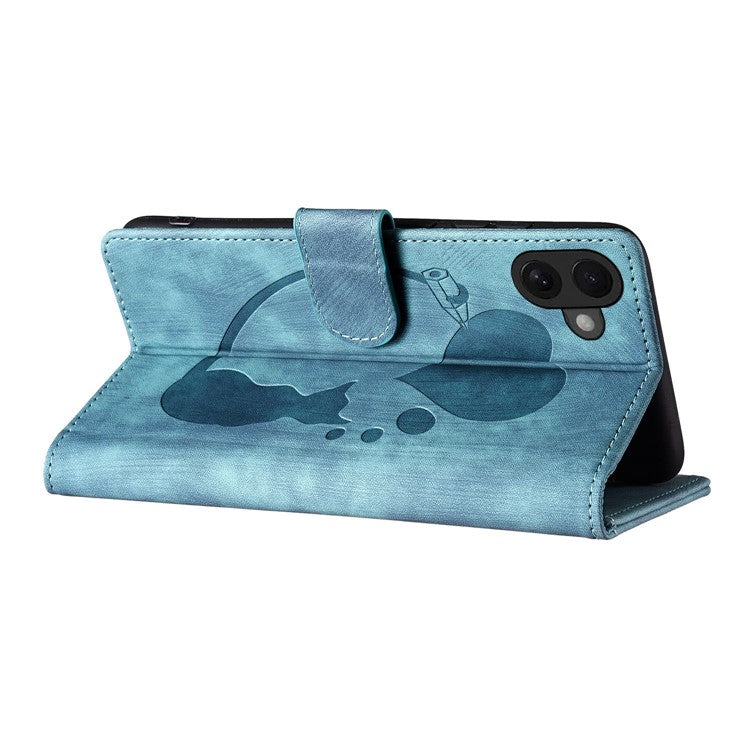 For iPhone 16 Case Heart Cat Folding Stand PU Leather Phone Cover - Blue