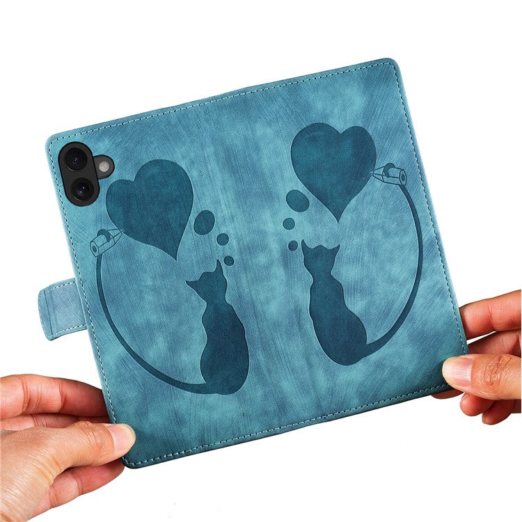 For iPhone 16 Case Heart Cat Folding Stand PU Leather Phone Cover - Blue