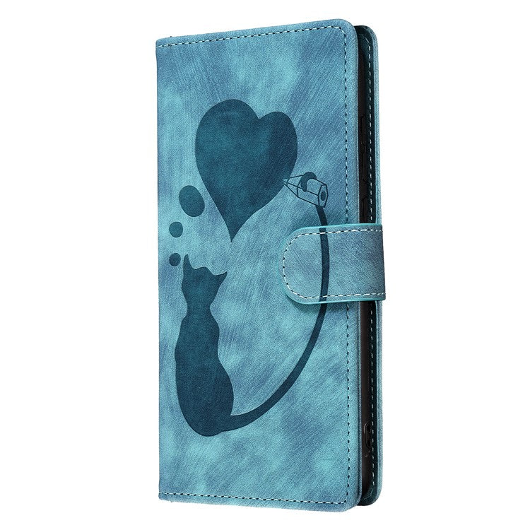 For iPhone 16 Case Heart Cat Folding Stand PU Leather Phone Cover - Blue