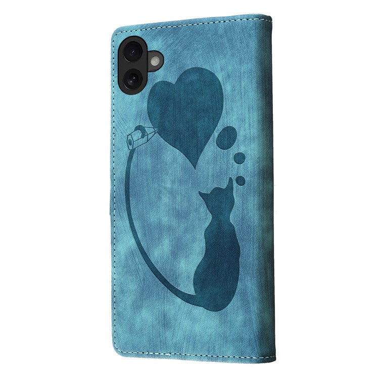 For iPhone 16 Case Heart Cat Folding Stand PU Leather Phone Cover - Blue