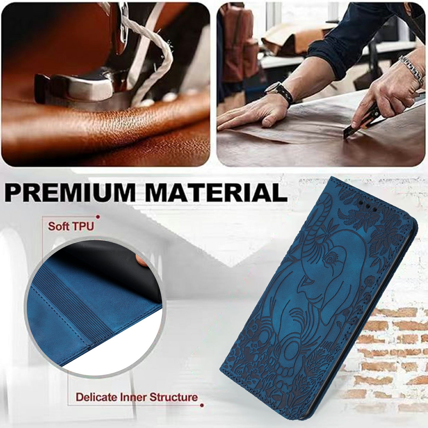 For Samsung Galaxy A16 5G / A16 4G Case PU Leather Wallet Phone Cover Elephant Pattern - Blue