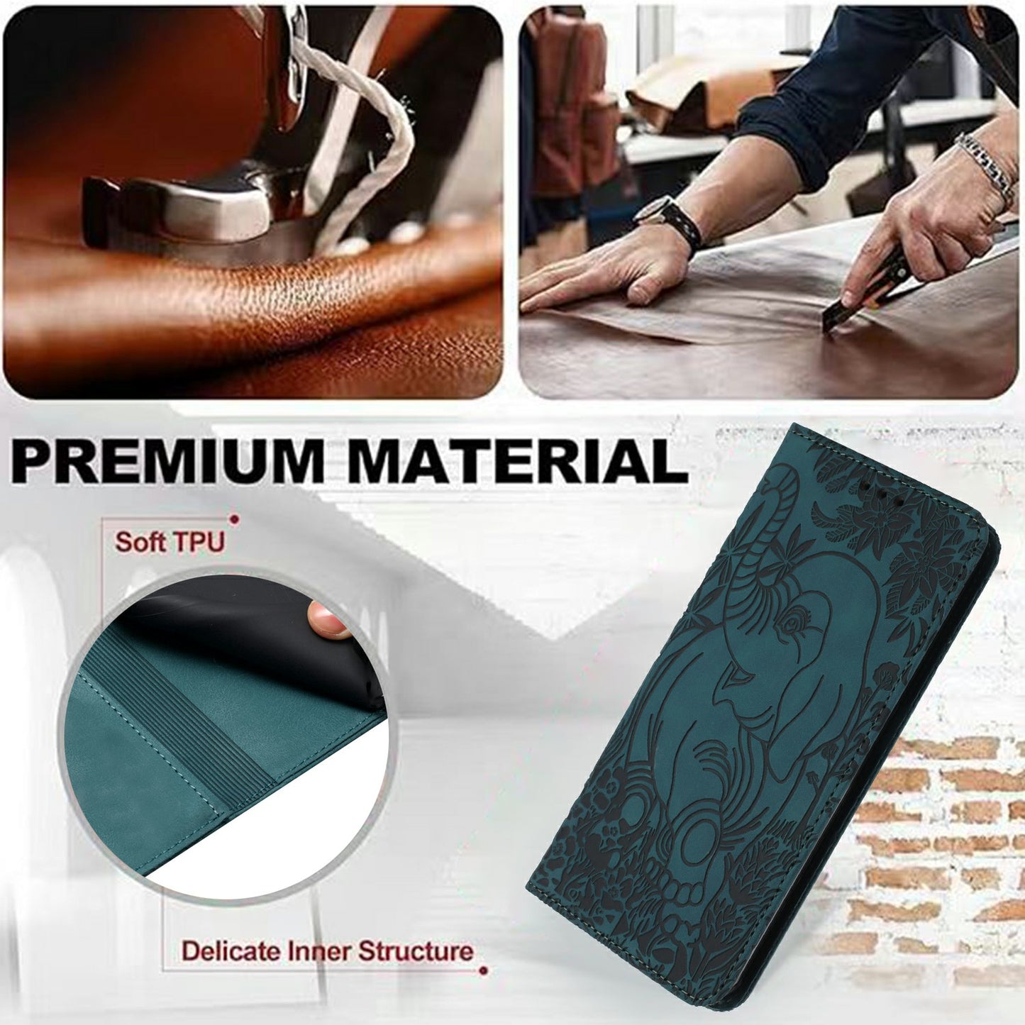 For Samsung Galaxy A16 5G / A16 4G Case PU Leather Wallet Phone Cover Elephant Pattern - Green