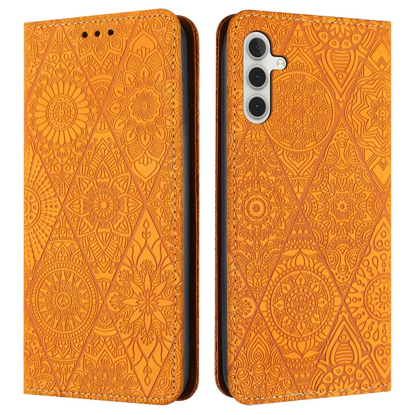 For Samsung Galaxy A16 5G / A16 4G Case Imprinted Flower Wallet Stand Leather Phone Cover - Yellow