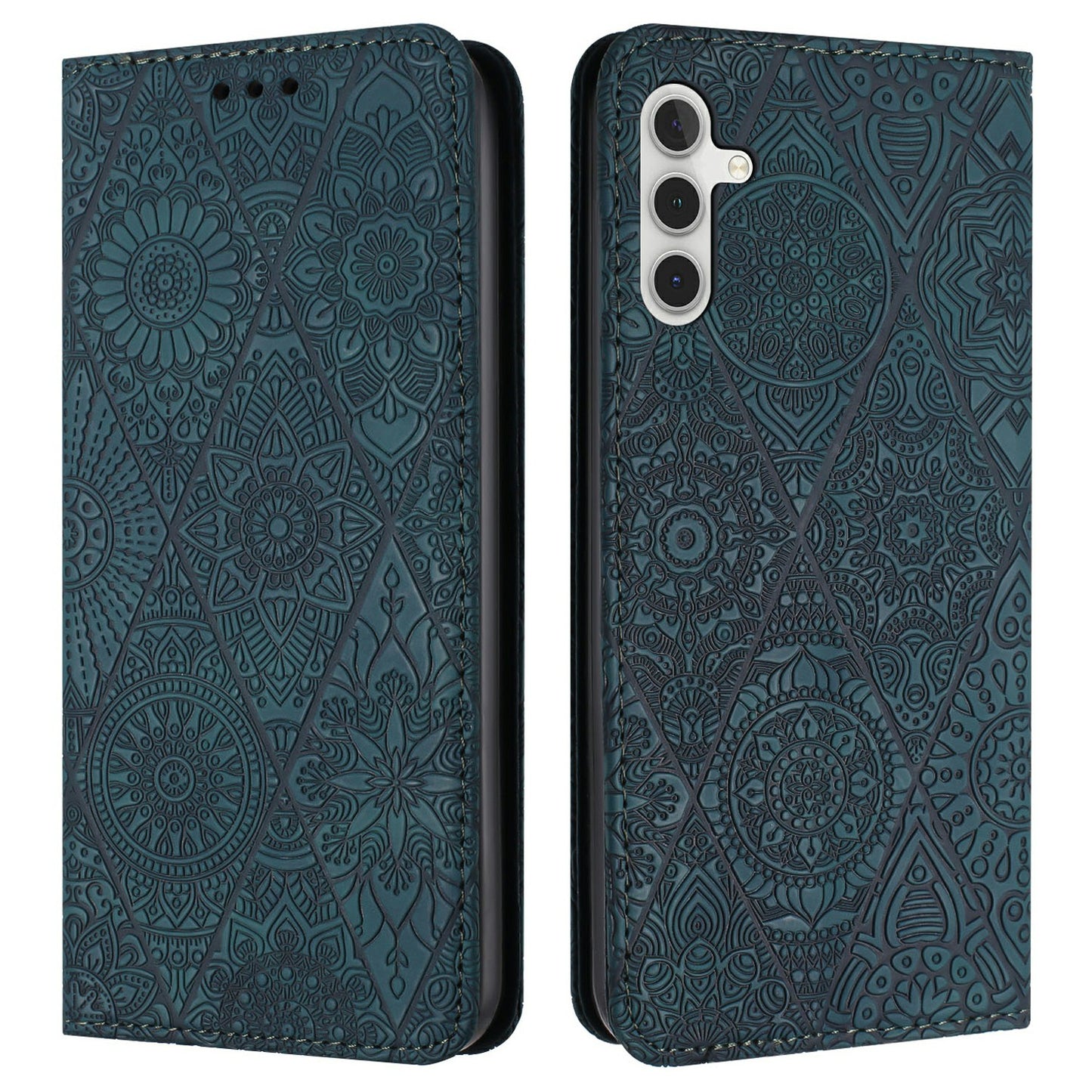 For Samsung Galaxy A16 5G / A16 4G Case Imprinted Flower Wallet Stand Leather Phone Cover - Blue