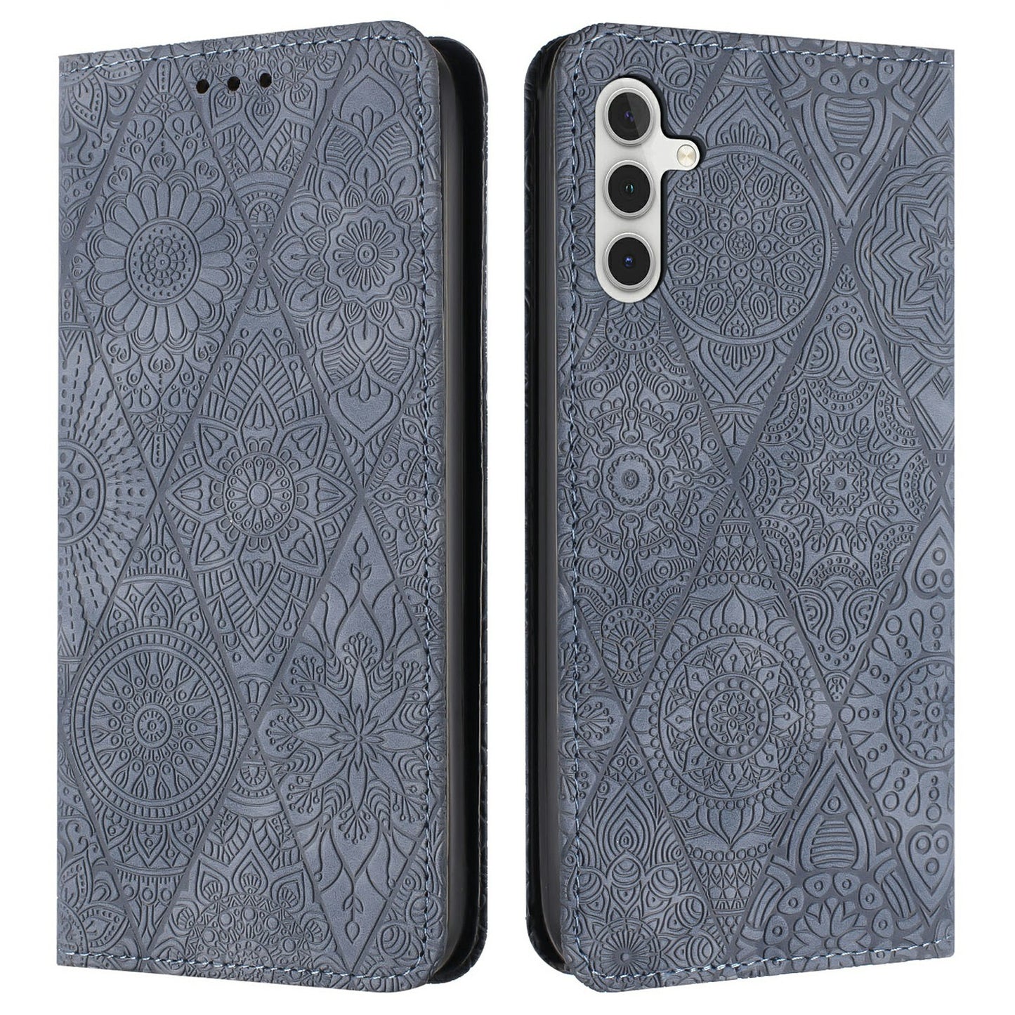 For Samsung Galaxy A16 5G / A16 4G Case Imprinted Flower Wallet Stand Leather Phone Cover - Grey