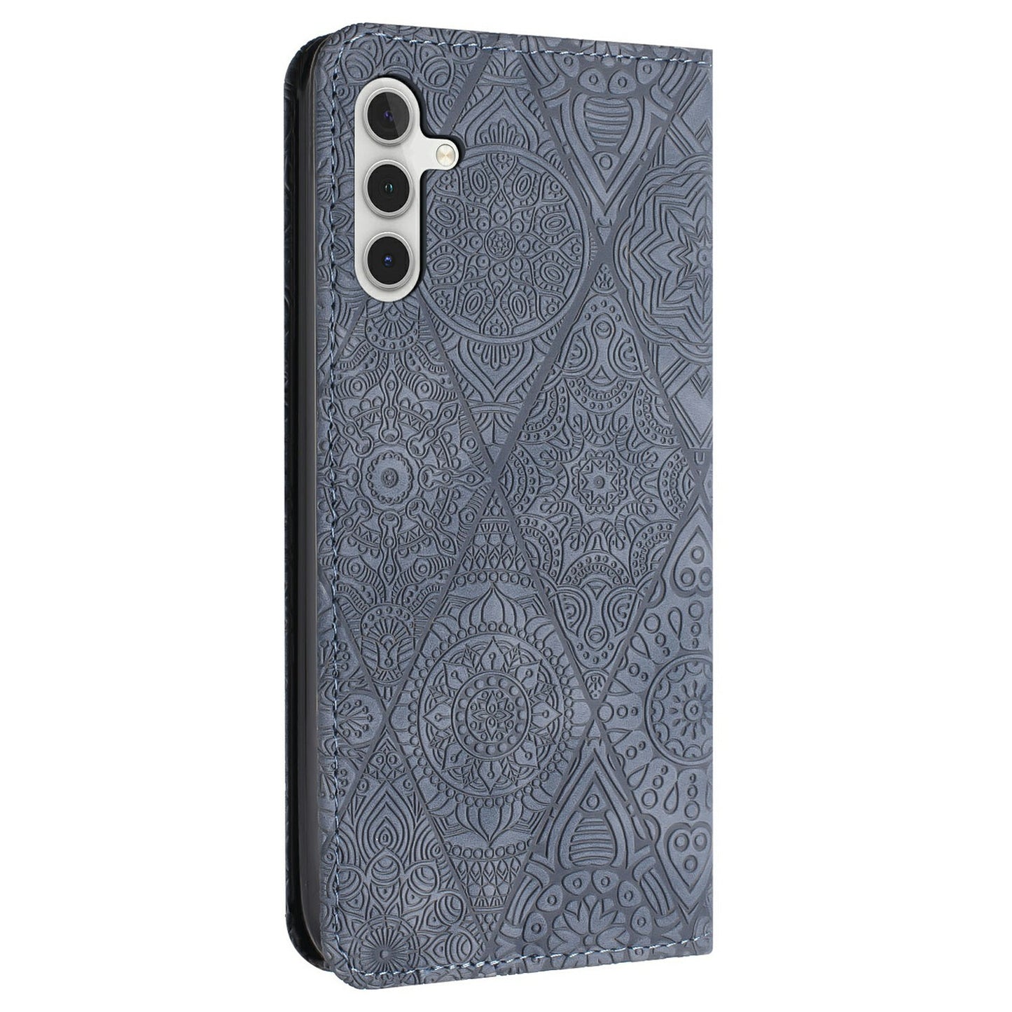 For Samsung Galaxy A16 5G / A16 4G Case Imprinted Flower Wallet Stand Leather Phone Cover - Grey
