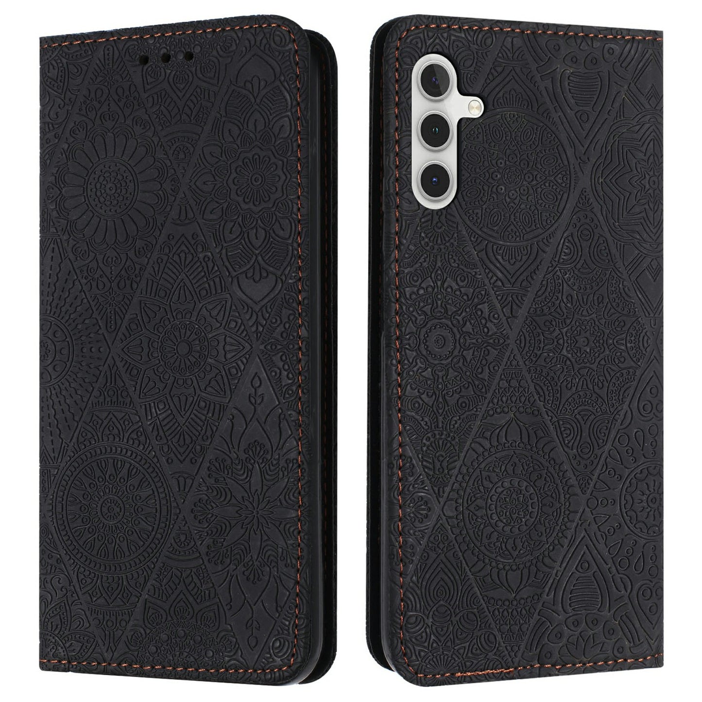 For Samsung Galaxy A16 5G / A16 4G Case Imprinted Flower Wallet Stand Leather Phone Cover - Black