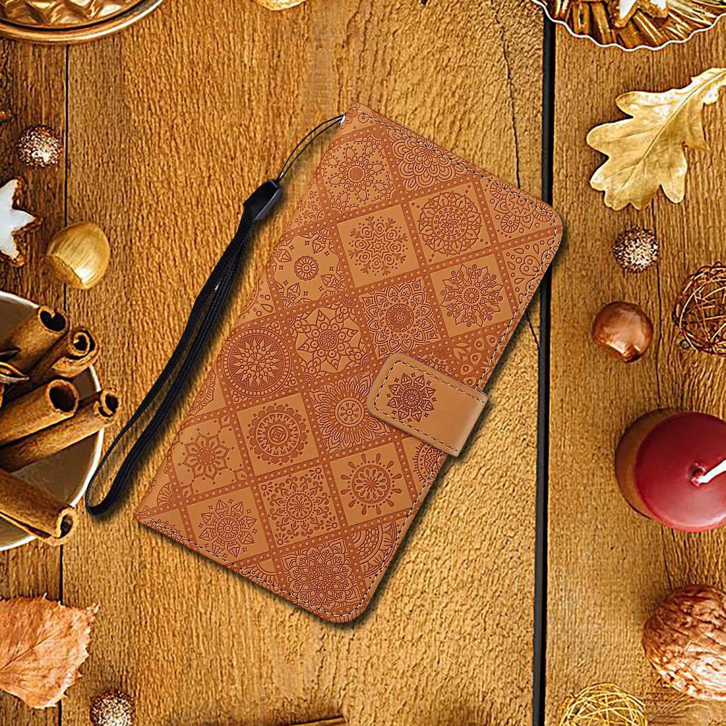For Samsung Galaxy A16 5G / A16 4G Leather Case Ethnic Style Phone Wallet Cover with Strap - Brown