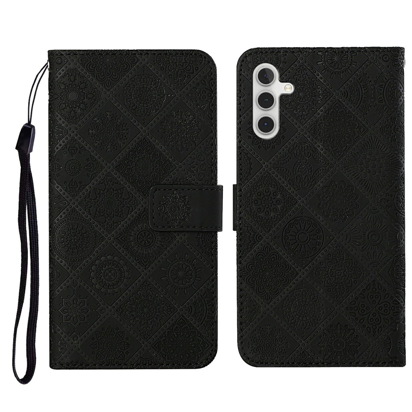 For Samsung Galaxy A16 5G / A16 4G Leather Case Ethnic Style Phone Wallet Cover with Strap - Black