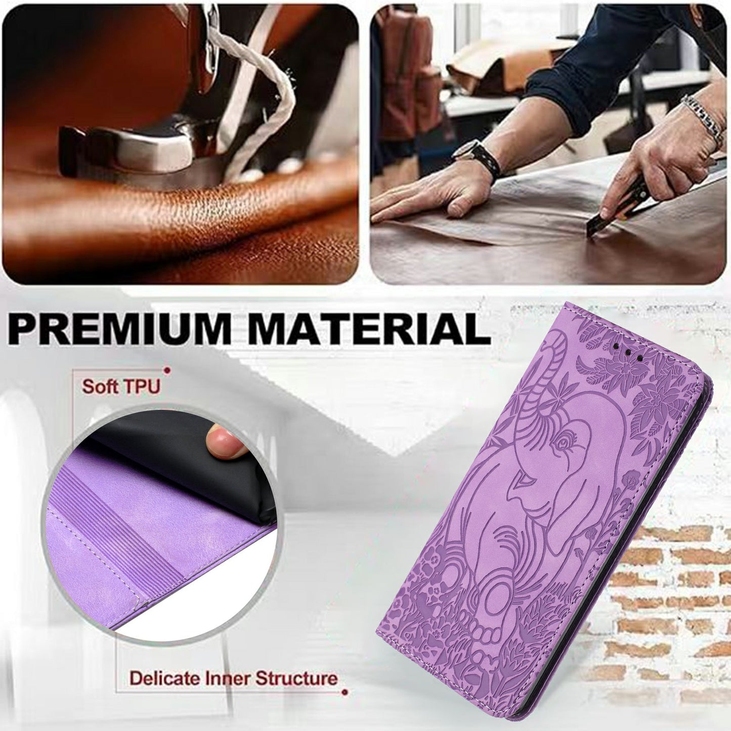 For Samsung Galaxy A06 Case PU Leather Wallet Phone Cover Elephant Pattern - Purple