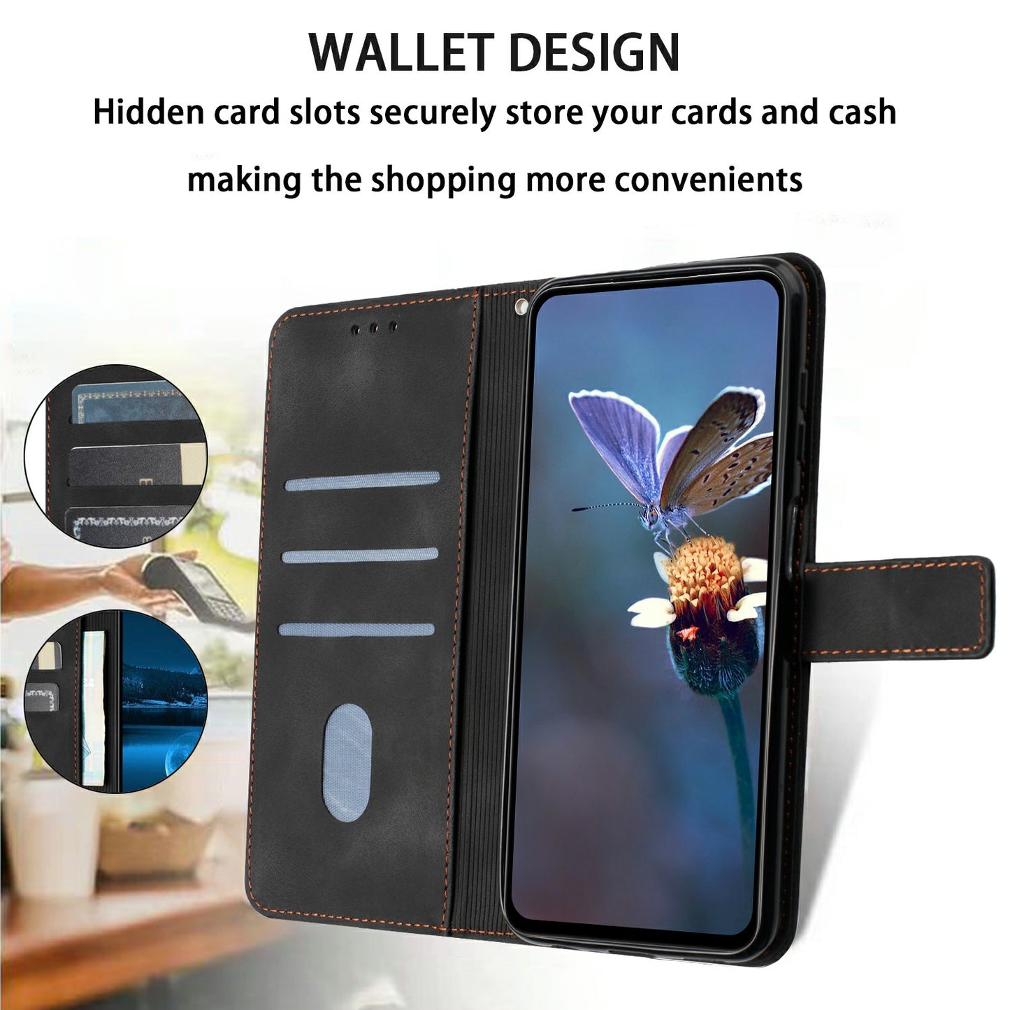 For Samsung Galaxy A06 Case Triangle Imprinted Anti-Scratch Phone Wallet Cover - Black
