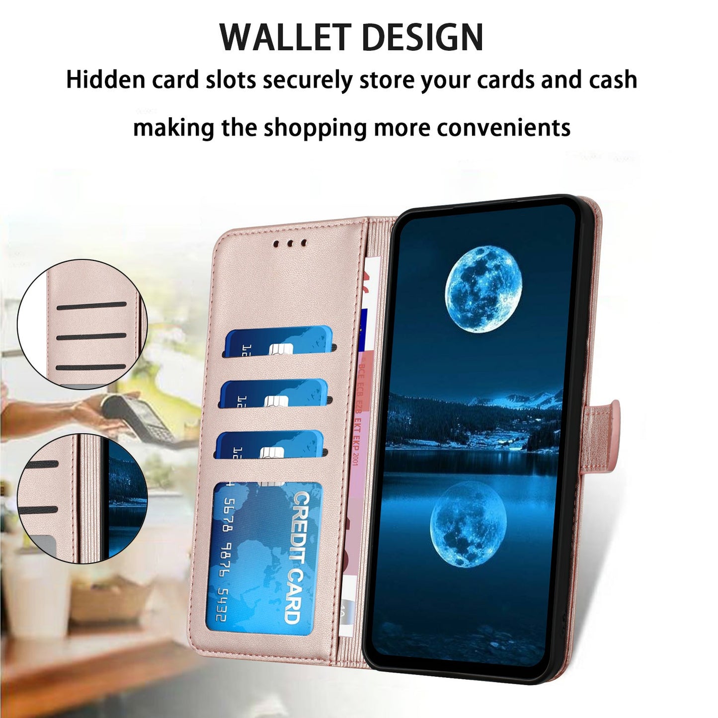 For Samsung Galaxy A06 Wallet Phone Case Leather Stand Cover with Strap - Rose Gold