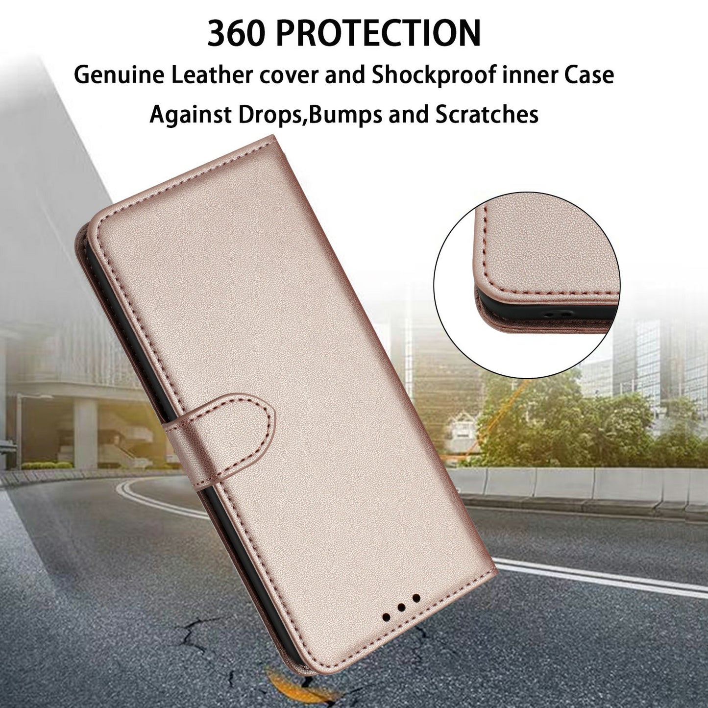 For Samsung Galaxy A06 Wallet Phone Case Leather Stand Cover with Strap - Rose Gold