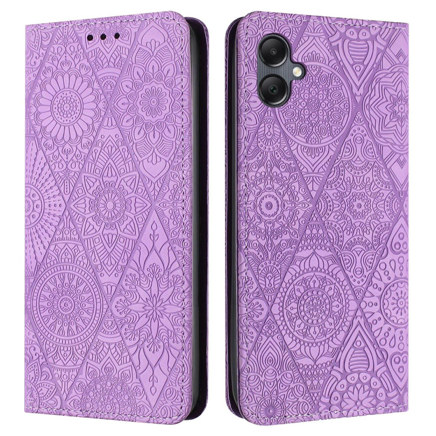 For Samsung Galaxy A06 Case Imprinted Flower Wallet Stand Leather Phone Cover - Purple