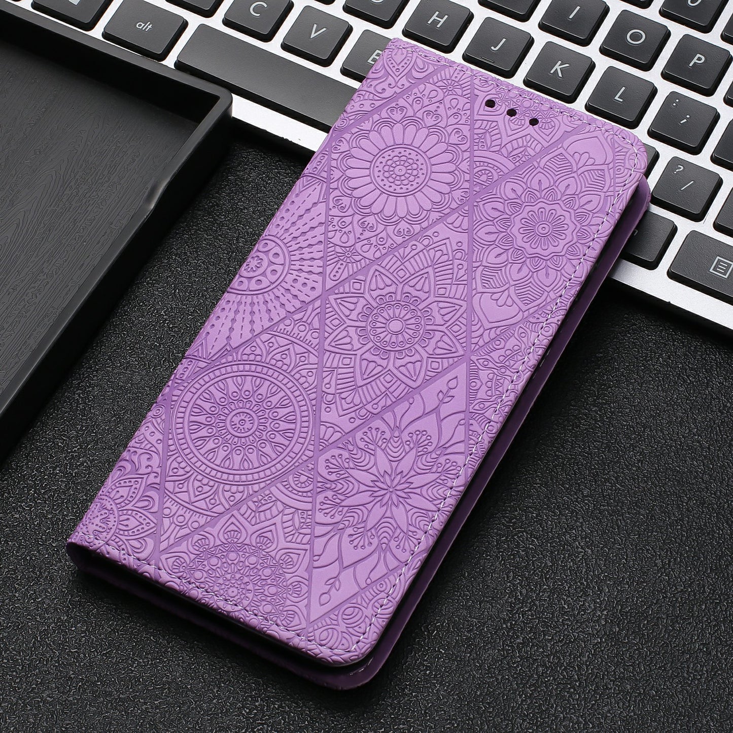 For Samsung Galaxy A06 Case Imprinted Flower Wallet Stand Leather Phone Cover - Purple