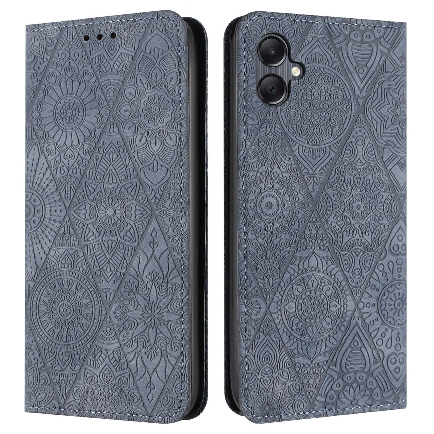 For Samsung Galaxy A06 Case Imprinted Flower Wallet Stand Leather Phone Cover - Grey