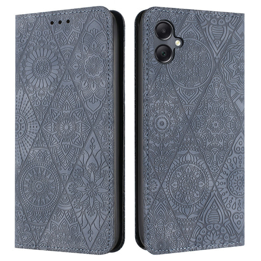 For Samsung Galaxy A06 Case Imprinted Flower Wallet Stand Leather Phone Cover - Grey