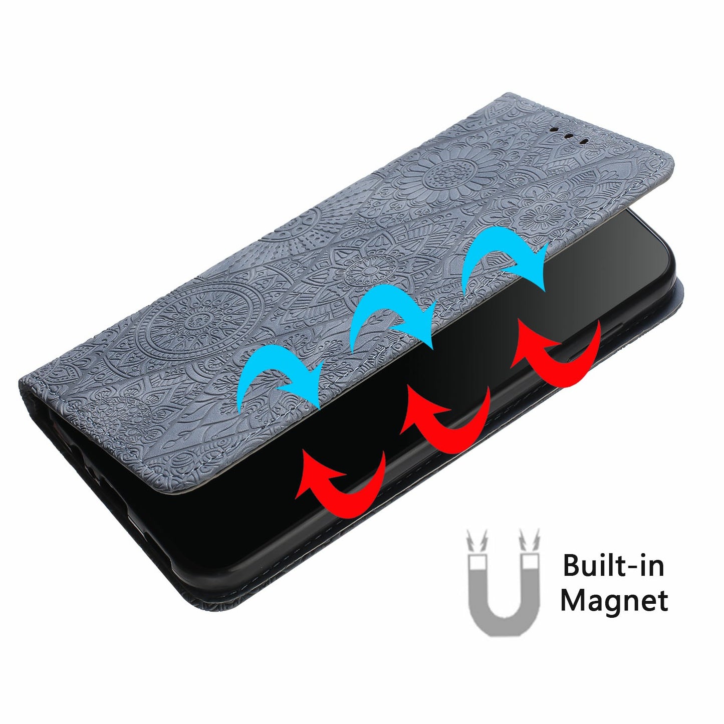 For Samsung Galaxy A06 Case Imprinted Flower Wallet Stand Leather Phone Cover - Grey