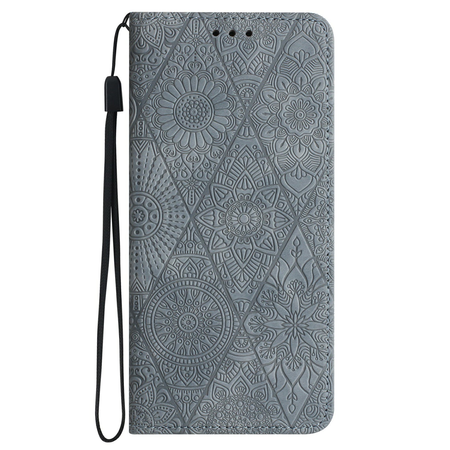 For Samsung Galaxy A06 Case Imprinted Flower Wallet Stand Leather Phone Cover - Grey