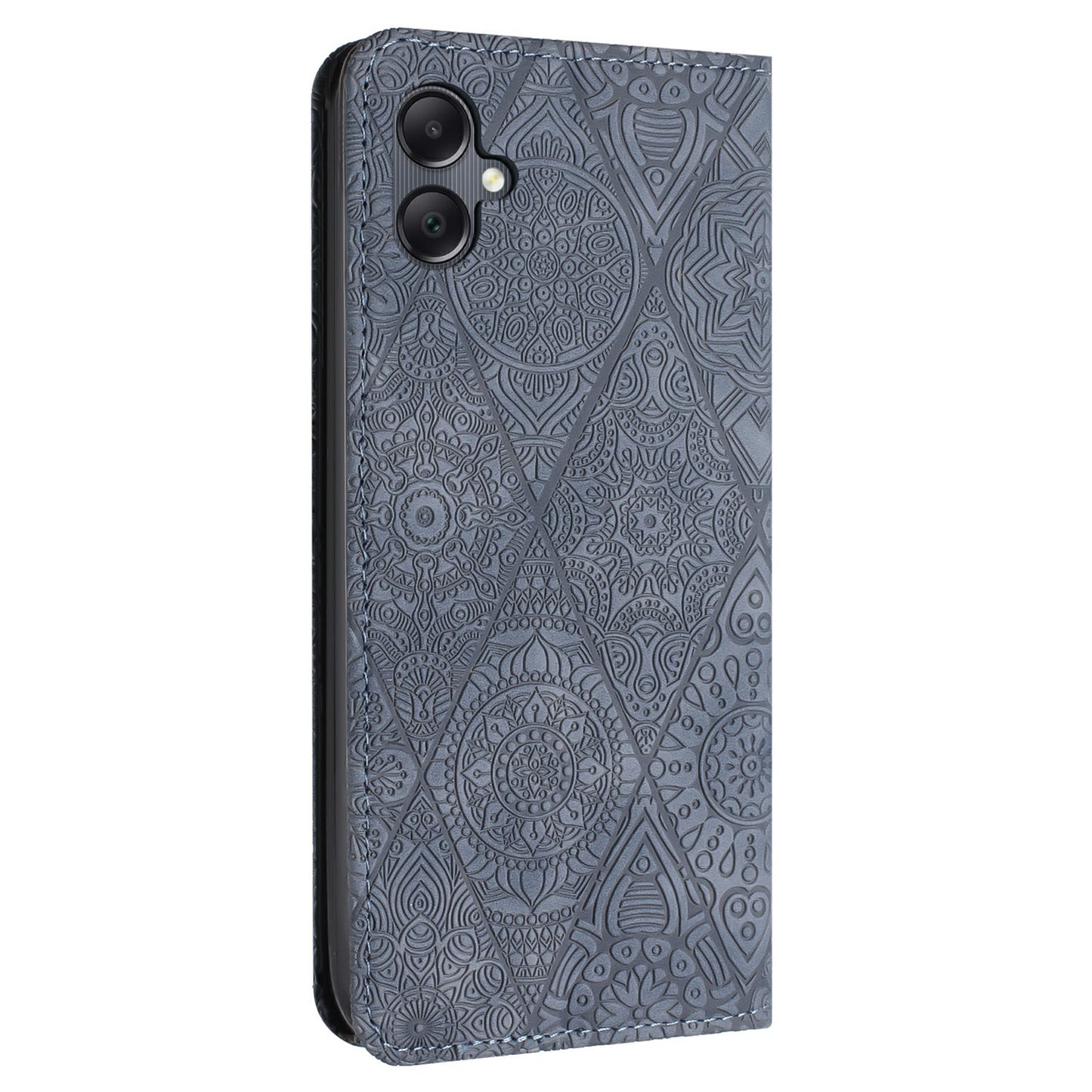 For Samsung Galaxy A06 Case Imprinted Flower Wallet Stand Leather Phone Cover - Grey