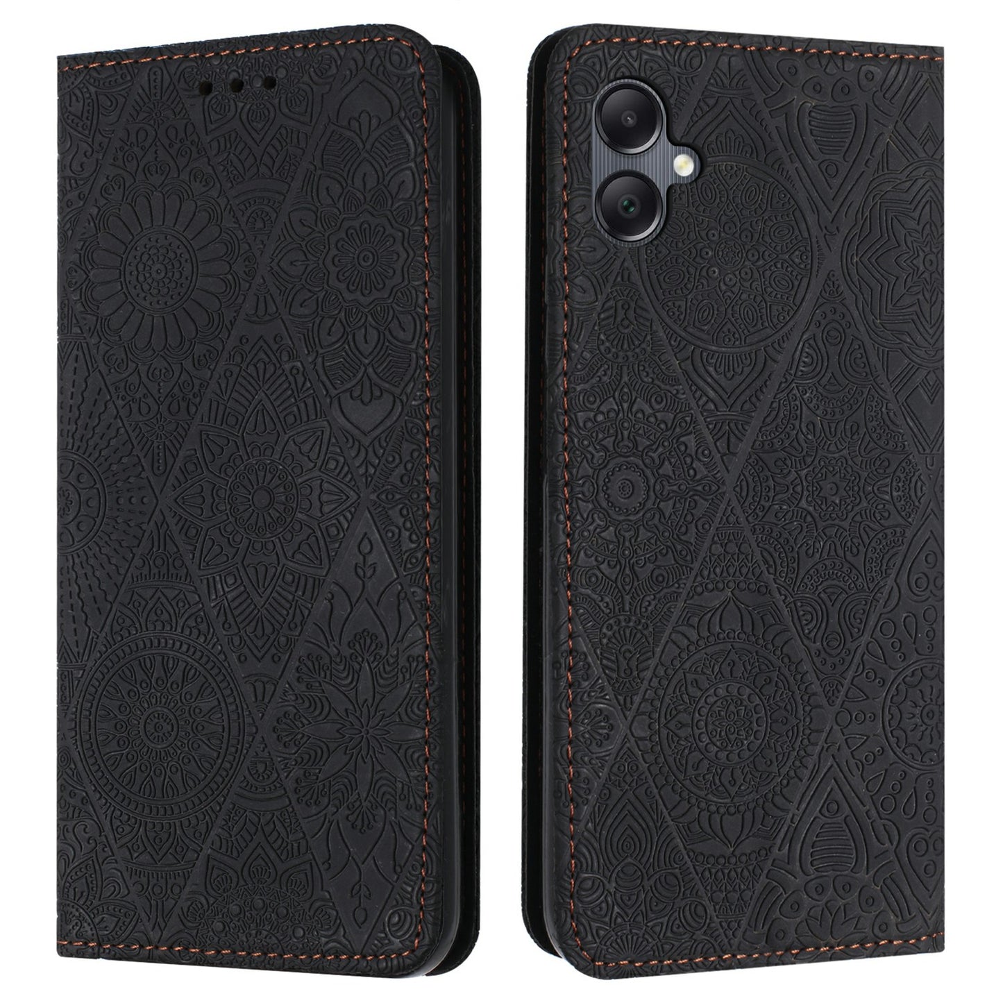For Samsung Galaxy A06 Case Imprinted Flower Wallet Stand Leather Phone Cover - Black