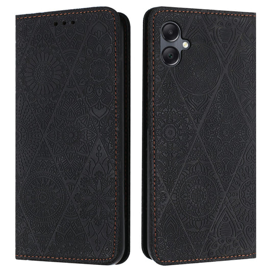 For Samsung Galaxy A06 Case Imprinted Flower Wallet Stand Leather Phone Cover - Black