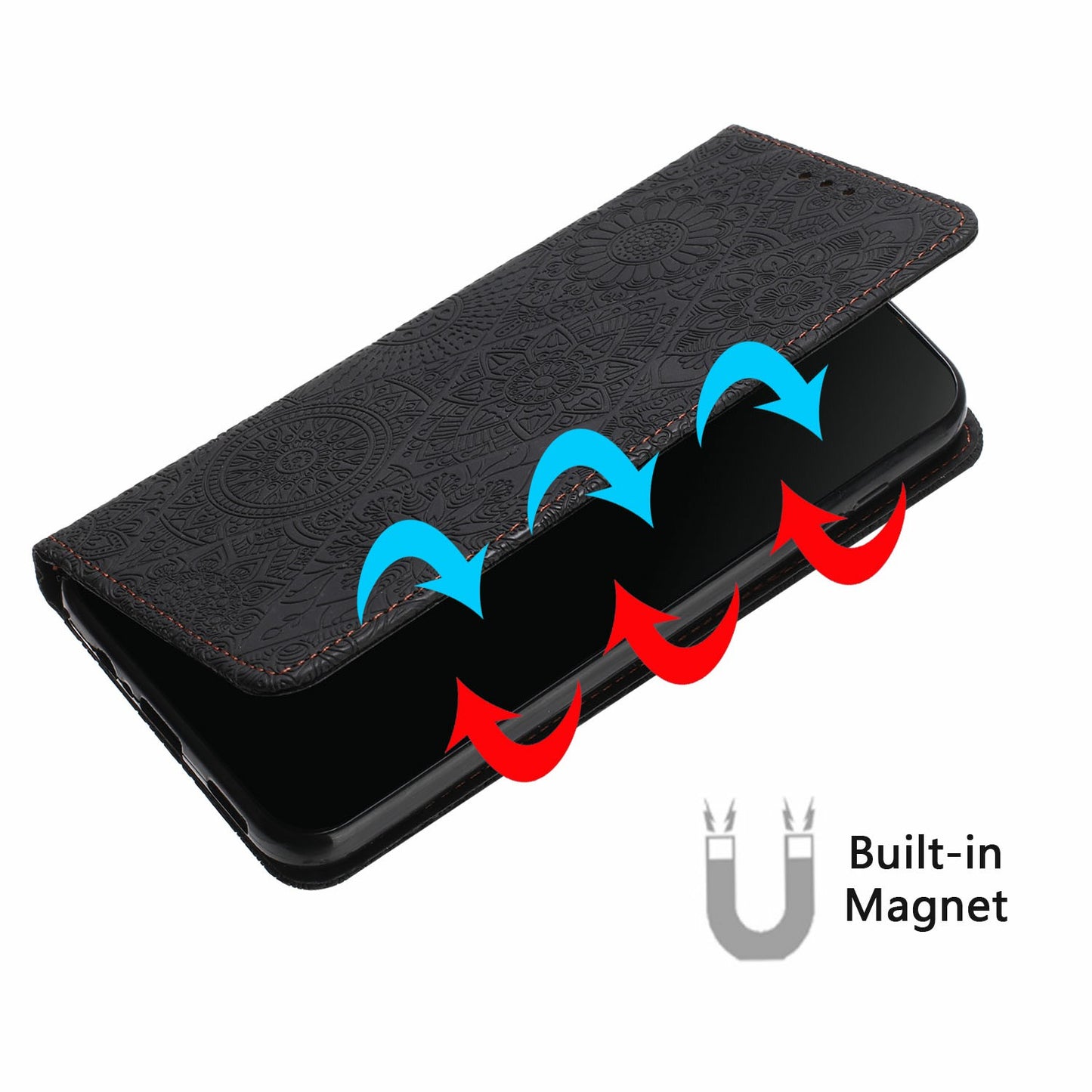 For Samsung Galaxy A06 Case Imprinted Flower Wallet Stand Leather Phone Cover - Black