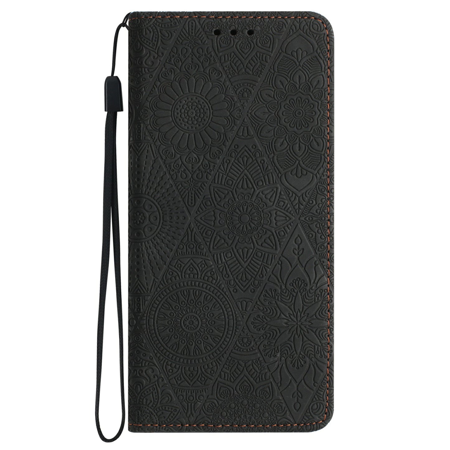 For Samsung Galaxy A06 Case Imprinted Flower Wallet Stand Leather Phone Cover - Black