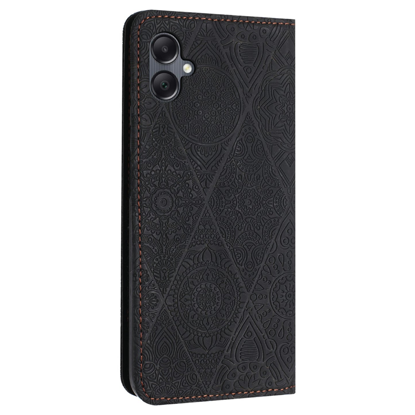For Samsung Galaxy A06 Case Imprinted Flower Wallet Stand Leather Phone Cover - Black