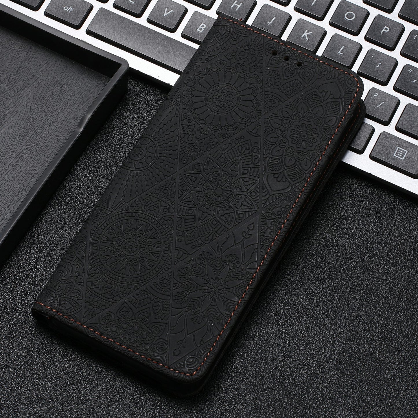 For Samsung Galaxy A06 Case Imprinted Flower Wallet Stand Leather Phone Cover - Black